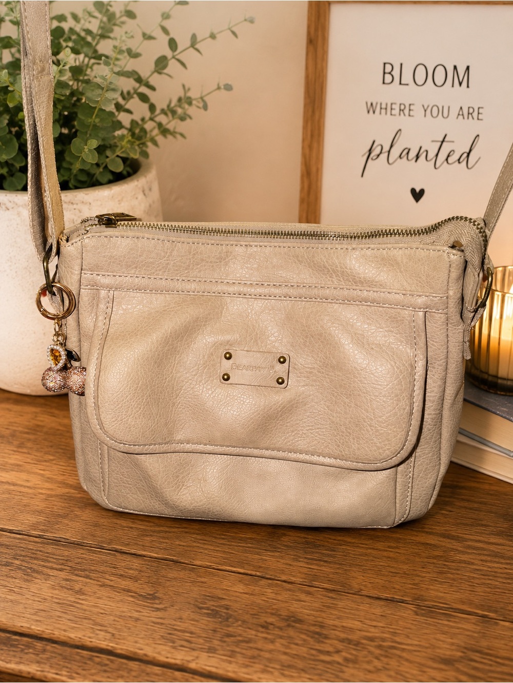 BearPaw Cream Pebbled Leather Crossbody with Beaded Charm